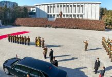 Kim Jong Un arrives at the Ministry of State Security headquarters in Pyongyang, Nov. 18, 2025.