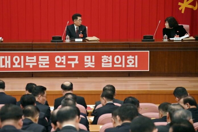 Officials seated in rows face a presidium at a Workers' Party of Korea congress session, with a red banner reading "Research and Consultation Meeting on Foreign Affairs Sector" displayed at the front of the hall