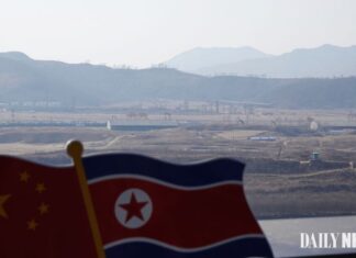North Koreans in China forced repatriation: flags near the Tumen River border, North Hamgyong province