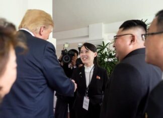 NK foreign ministry briefs officials on US emergency order Kim Yo Jong shakes hands with a foreign dignitary at the 2018 Singapore Summit