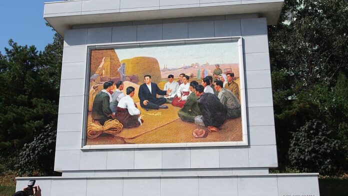 Mosaic mural depicting Kim Il Sung meeting with farmers at Chongsan cooperative farm, North Pyongan province, North Korea