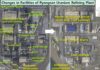 Satellite images from Jan. 21 and April 7, 2026, showing facility changes at North Korea's Pyongsan uranium refinery, including roof repainting, four freight trains, and unknown construction near coal storage