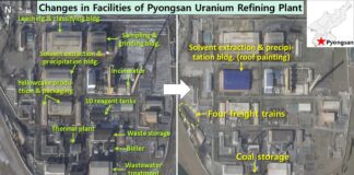 Satellite images from Jan. 21 and April 7, 2026, showing facility changes at North Korea's Pyongsan uranium refinery, including roof repainting, four freight trains, and unknown construction near coal storage
