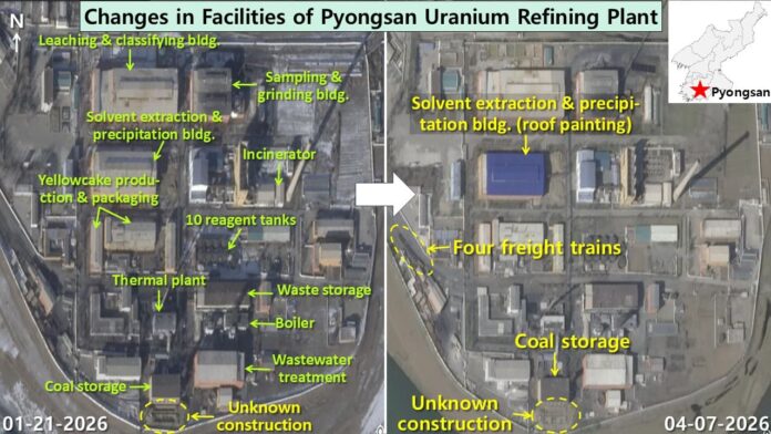 pyongsan-uranium-refinery-facility-changes-satellite-imagery-2026 Satellite images from Jan. 21 and April 7, 2026, showing facility changes at North Korea's Pyongsan uranium refinery, including roof repainting, four freight trains, and unknown construction near coal storage