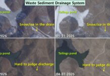 Four satellite images from January through April 2026 showing the tailings pond and drainage system at North Korea's Pyongsan uranium refinery, with snow and ice in the drain during winter and inconclusive discharge evidence in spring
