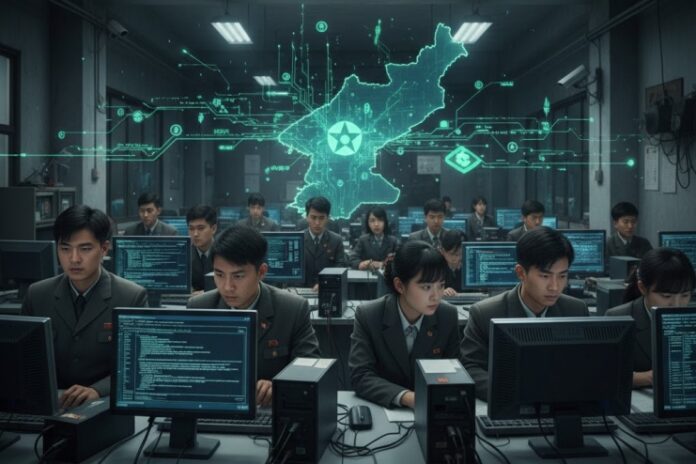 North Korean IT workers at computer terminals with a holographic map of North Korea in the background