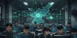 Pyongyang targets software developers in crackdown on unauthorized programs North Korean IT workers at computer terminals with a holographic map of North Korea in the background