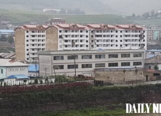 Apartment buildings in Hyesan, the capital of Ryanggang province, North Korea, photographed in August 2018.
