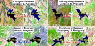 Sentinel-2 satellite imagery comparing water surface area at four North Korea reservoirs in South Pyongan, North Pyongan, Kangwon, and South Hamgyong provinces between March–April 2025 and March–April 2026, showing mixed results