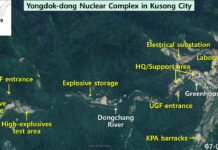 Satellite image of the Yongdok-dong nuclear complex in Kusong, North Pyongan province, showing the high-explosives test area, explosive storage sites, underground facility entrances, headquarters and support area, laboratory, electrical substation, greenhouse, KPA barracks, and the Dongchang River running through the valley. July 1, 2023.