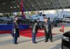 Kim Jong Un shakes hands with Air Force Commander Kim Gwang Hyok at the 80th anniversary ceremony of the Korean People's Army Air Force, held at Kalma Airport in Wonsan, Nov. 28, 2025.