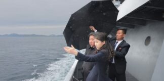 Kim Jong Un and his daughter Kim Ju Ae stand on the deck of the destroyer Kanggun during its sea trials on June 4, 2026
