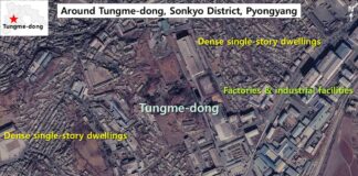 Satellite image of Tungme-dong in Sonkyo District, Pyongyang, showing dense single-story dwellings mixed with factories and industrial facilities, Feb. 6, 2026