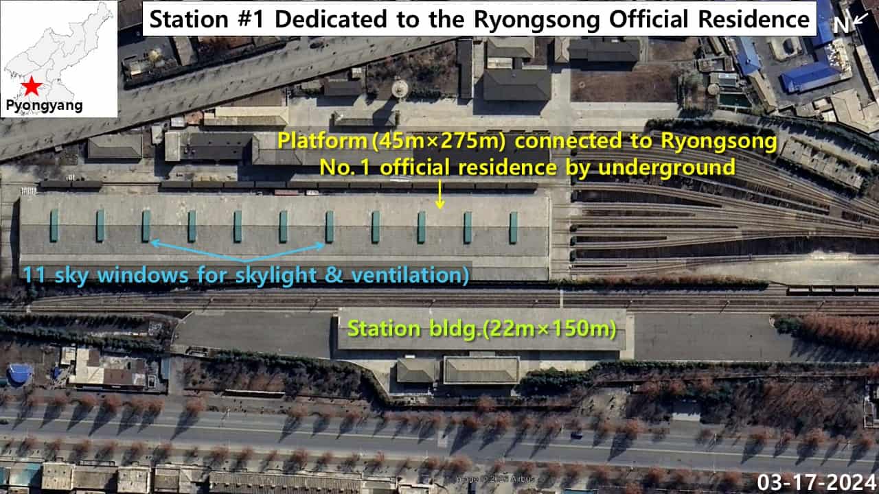 Satellite image of Ryongsong No. 1 Station in Pyongyang, showing the enclosed platform roof with 11 skylight ventilation shafts reserved for Kim Jong Un's armored train
