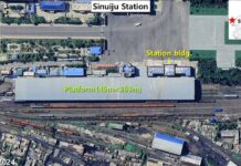 Satellite analysis reveals Kim Jong Un’s hidden armored train stations Satellite image of Sinuiju Station in North Pyongan province showing the 363-meter platform roof at the North Korea-China border rail crossing point