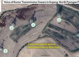 Satellite imagery from June 2, 2025 showing five concrete-based transmission tower pylons, estimated at 60 to 80 meters high, at the Voice of Korea broadcasting facility in Kujang county, North Pyongan province.