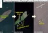 Three-panel satellite sequence showing Dudan Island in the Daedong River disappearing, 2012 to 2026