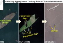 Satellite images show N. Korea dredging rivers on a massive scale Three-panel satellite sequence showing Dudan Island in the Daedong River disappearing, 2012 to 2026