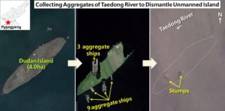 Satellite images show N. Korea dredging rivers on a massive scale Three-panel satellite sequence showing Dudan Island in the Daedong River disappearing, 2012 to 2026
