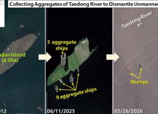 Three-panel satellite sequence showing Dudan Island in the Daedong River disappearing, 2012 to 2026