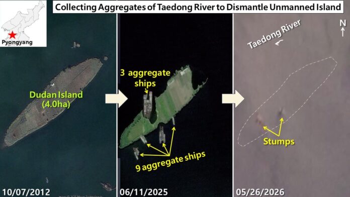 Three-panel satellite sequence showing Dudan Island in the Daedong River disappearing, 2012 to 2026