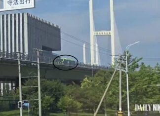 Bus crossing the New Yalu River Bridge toward Sinuiju, North Korea