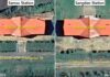 Side-by-side satellite comparison of the newly built Samsa and Sangdan train stations, showing their identical rectangular design and orange roofs