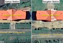 Side-by-side satellite comparison of the newly built Samsa and Sangdan train stations, showing their identical rectangular design and orange roofs
