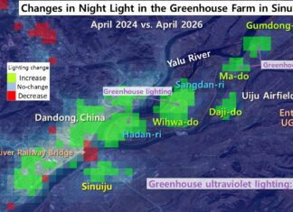 Behind Sinuiju’s brighter nights, a widening electricity divide Image differencing map showing nighttime light increases across downtown Sinuiju and Wihwa Island greenhouse farm