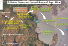 Satellite images show mine drainage nearing North Korea’s Kangnyong Bay Satellite map showing the pollution spread route from North Korea's Bupo mine to the Bupo saltworks and Kangnyong Bay