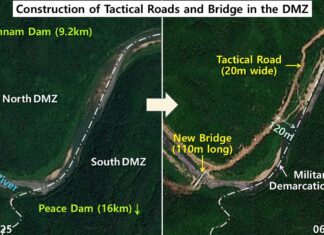 North Korea fortifies its side of the DMZ, satellite images show North Korea tactical road and bridge construction in DMZ Kangwon province