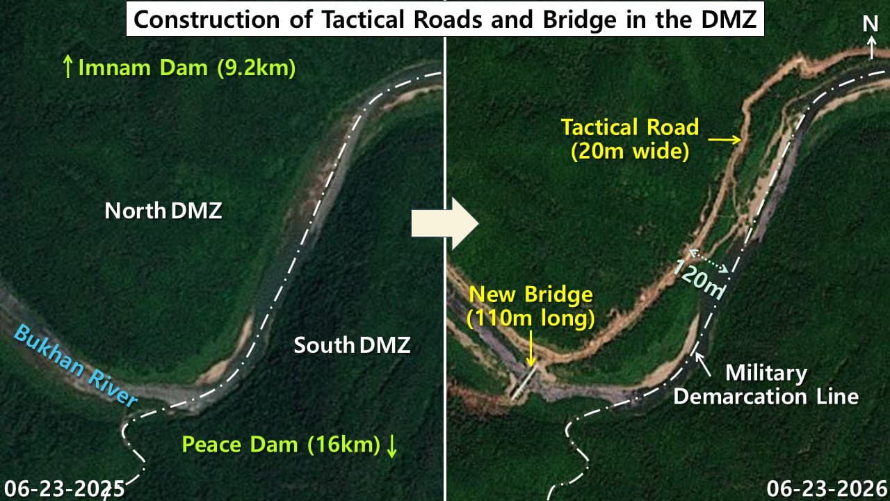 North Korea tactical road and bridge construction in DMZ Kangwon province