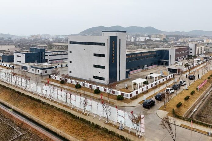 Aerial view of a newly built local industrial factory complex in Jaeryong county, South Hwanghae province, North Korea