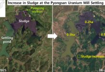 Satellite images show growing waste buildup at North Korea’s uranium plant Side-by-side satellite images comparing sludge coverage at the Pyongsan uranium plant's settling pond in September 2025 and June 2026, with yellow outlines marking 0.5, 0.2 and 0.1 hectare areas of new sludge buildup.
