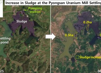 Satellite images show growing waste buildup at North Korea’s uranium plant Side-by-side satellite images comparing sludge coverage at the Pyongsan uranium plant's settling pond in September 2025 and June 2026, with yellow outlines marking 0.5, 0.2 and 0.1 hectare areas of new sludge buildup.