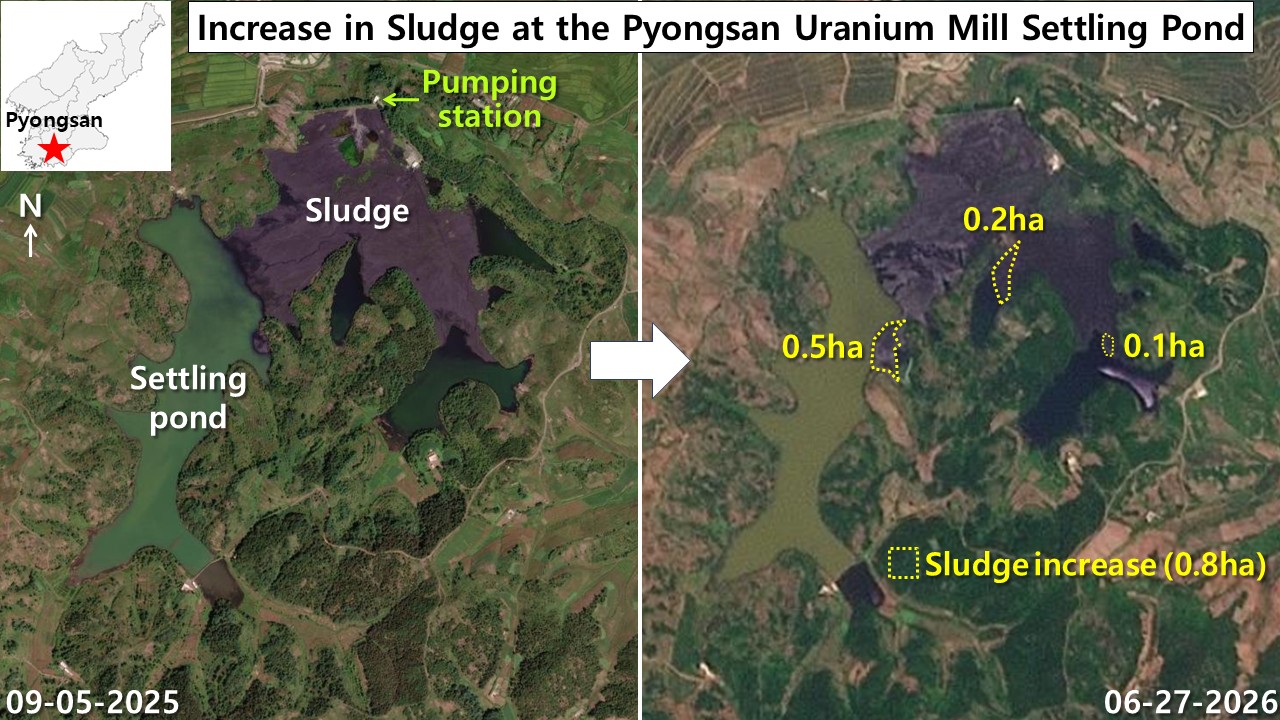 Side-by-side satellite images comparing sludge coverage at the Pyongsan uranium plant's settling pond in September 2025 and June 2026, with yellow outlines marking 0.5, 0.2 and 0.1 hectare areas of new sludge buildup.