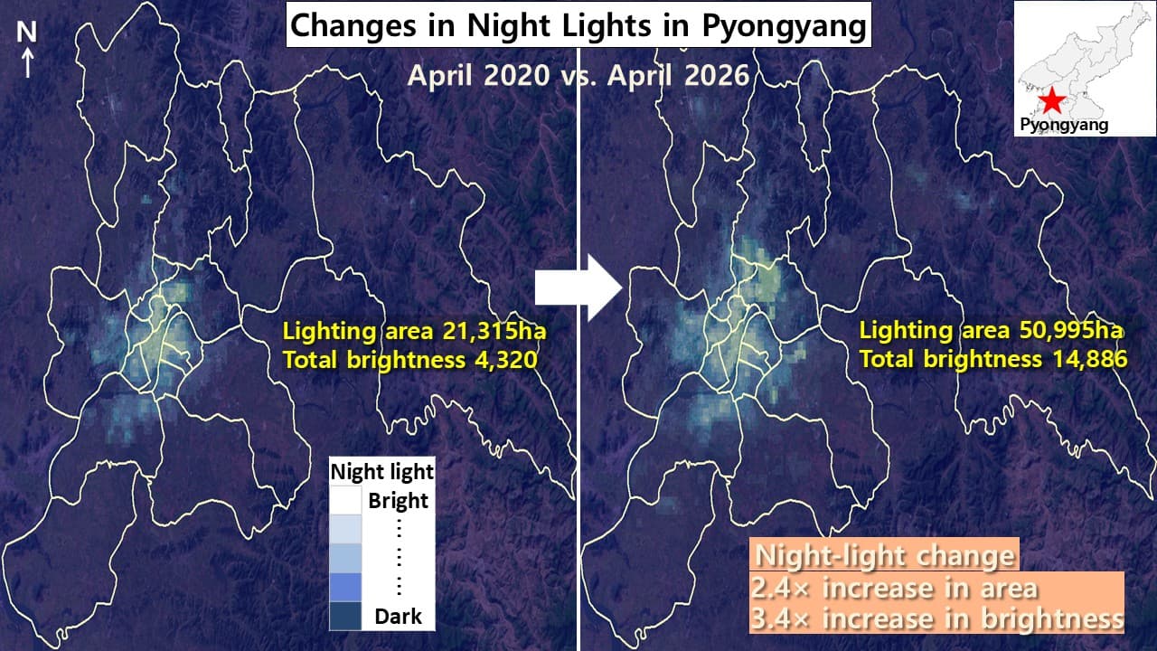 Nighttime satellite comparison of Pyongyang, 2020 vs. 2026
