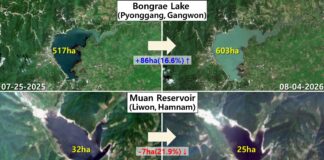 Satellite comparison of Munang Reservoir decline and Bongnae Lake expansion in North Korea, August 2026