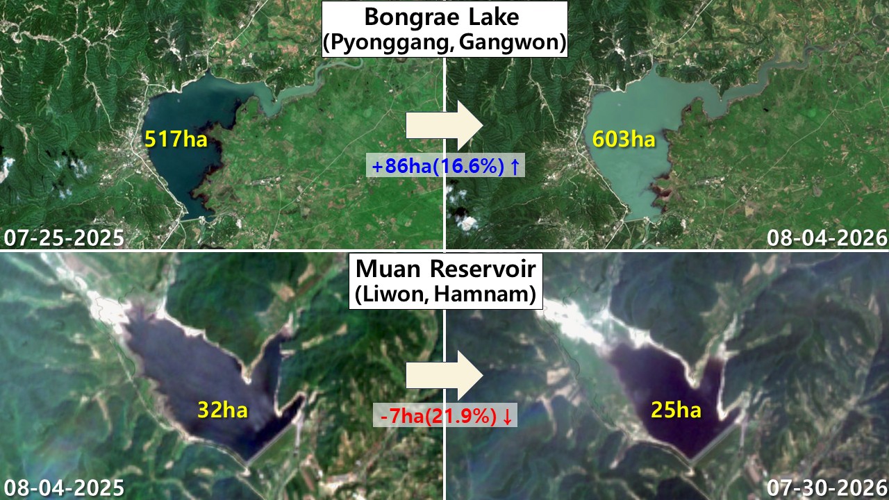 Satellite comparison of Munang Reservoir decline and Bongnae Lake expansion in North Korea, August 2026