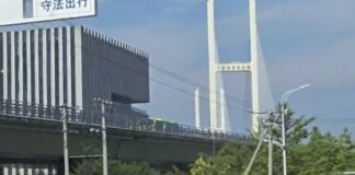 A green bus travels along an elevated approach road leading to the New Yalu River Bridge in Dandong, China, with the bridge's white cable-stayed tower visible in the background.
