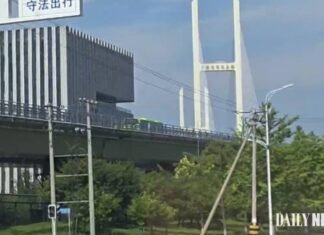 A green bus travels along an elevated approach road leading to the New Yalu River Bridge in Dandong, China, with the bridge's white cable-stayed tower visible in the background.