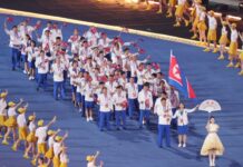 North Korean athletes entering the stadium at the 2022 Hangzhou Asian Games opening ceremony