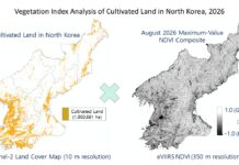 Satellite data shows North Korea’s 2026 crop conditions on par with last year Map of North Korean farmland overlaid with the August 2026 eVIIRS vegetation index