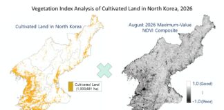 Satellite data shows North Korea’s 2026 crop conditions on par with last year Map of North Korean farmland overlaid with the August 2026 eVIIRS vegetation index