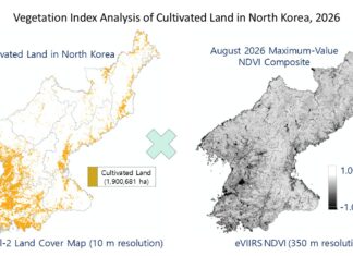 Satellite data shows North Korea’s 2026 crop conditions on par with last year Map of North Korean farmland overlaid with the August 2026 eVIIRS vegetation index