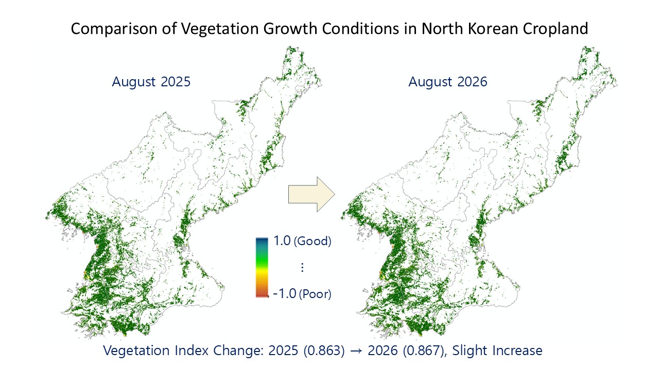 Side-by-side maps comparing the vegetation index on North Korean farmland in August 2025 and August 2026