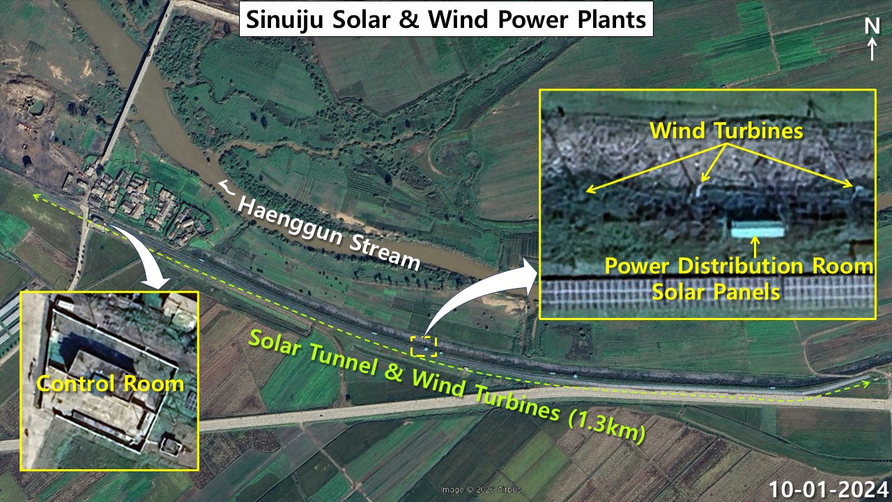Satellite image of solar panels and small wind turbines lined up along a levee in Sinuiju