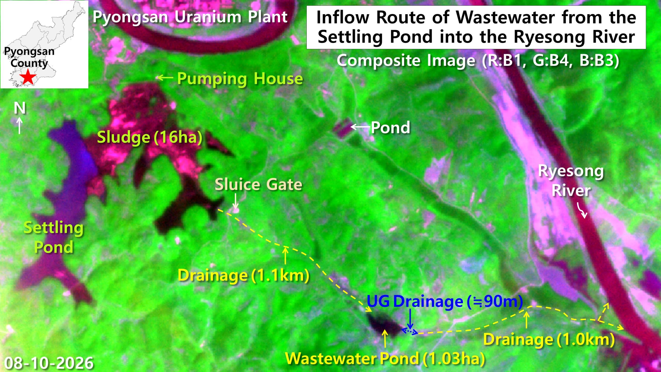 False-color satellite image of the Pyongsan uranium plant showing the tailings pond, wastewater pond and Yesong River in black, with sludge areas in pink and the drainage route between them