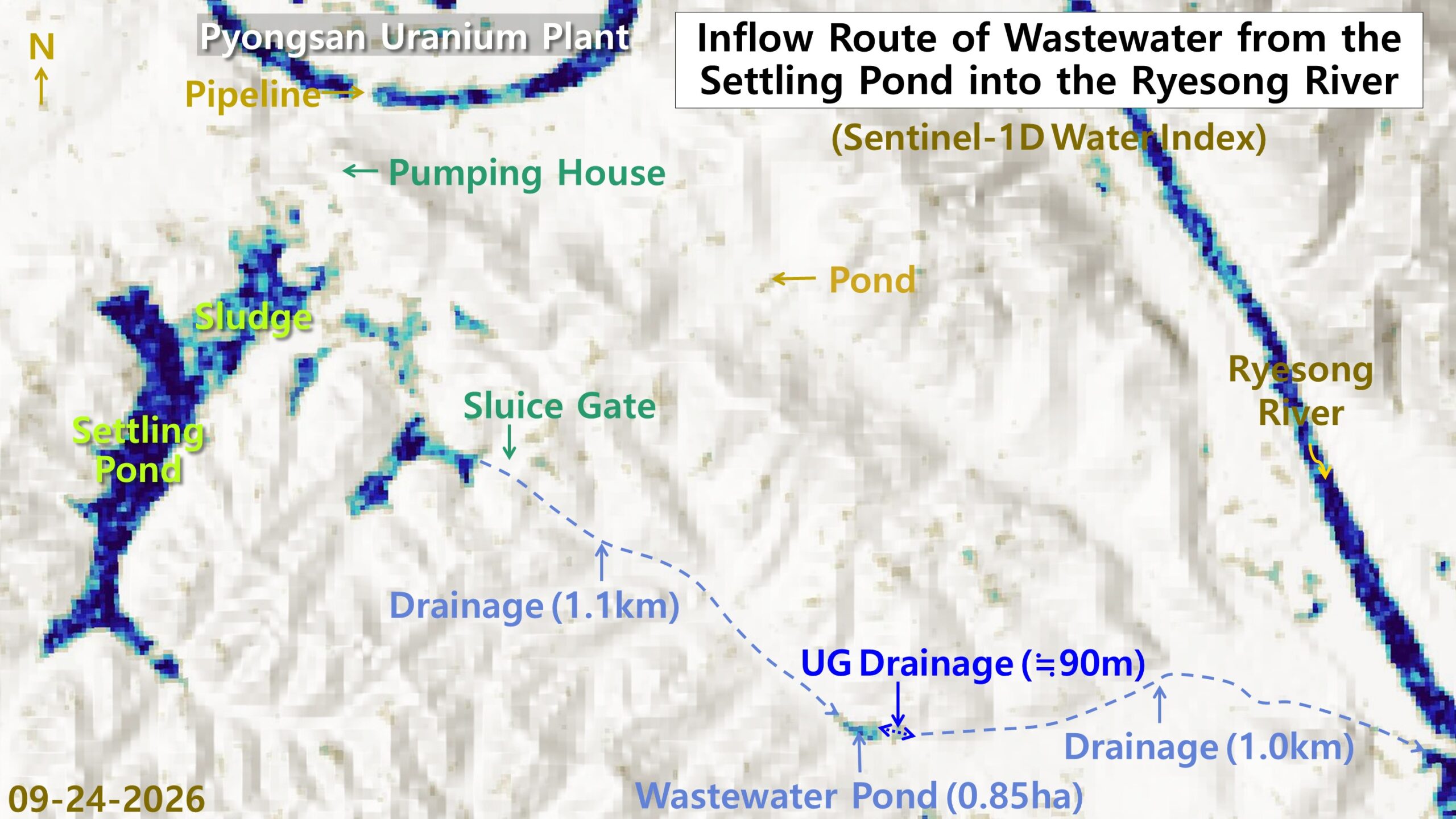 Sentinel-1 radar water index map of the Pyongsan uranium plant area showing water bodies in dark blue and dry land in white