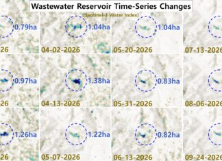 Time series of Sentinel-1 radar images showing the wastewater pond below the Pyongsan uranium plant changing in size from February to September 2026